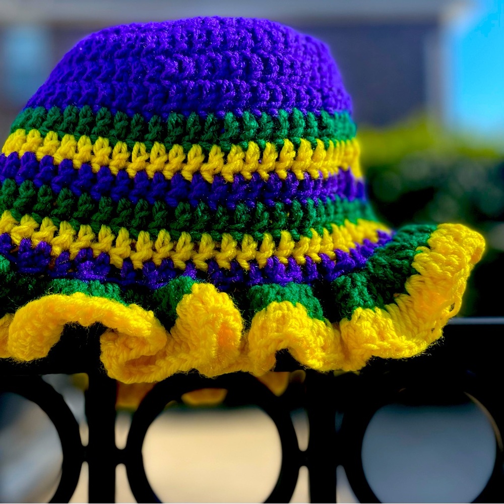 Crocheted ruffle hat Mardi Gras